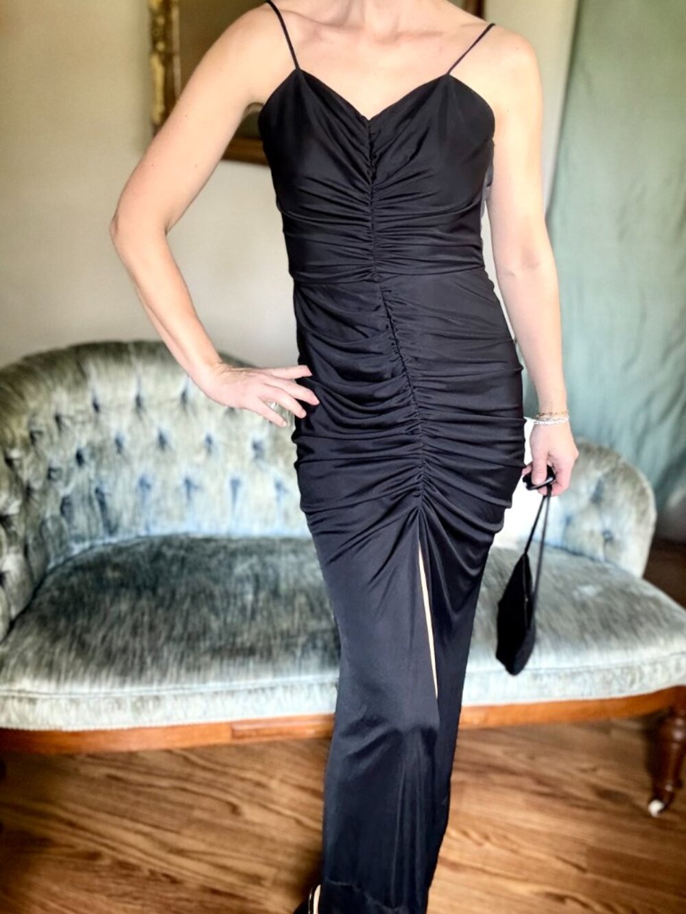 Fredericks of Hollywood Black Ruched Maxi Evening Dress Y2K XS